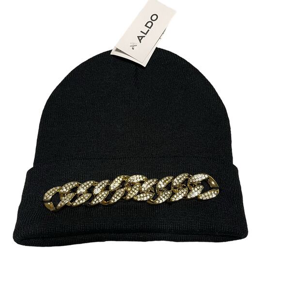 ALDO Women's Knit Beanie Hat Gold And Rhinestone Hardware - Picture 3 of 6